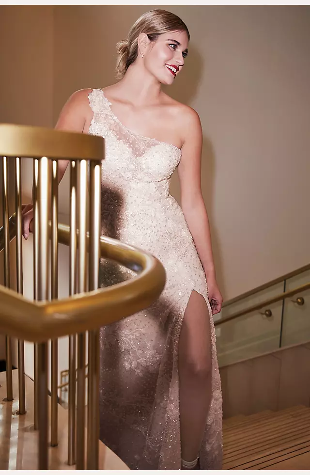 One-Shoulder Beaded Wedding Dress with Overskirt Image 6