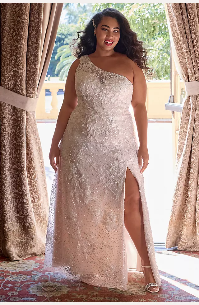 One-Shoulder Beaded Wedding Dress with Overskirt Image 7