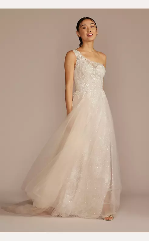 One-Shoulder Beaded Wedding Dress with Overskirt Image 1