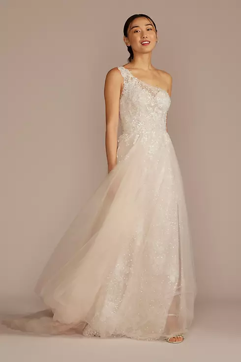 One-Shoulder Beaded Wedding Dress with Overskirt Image 1