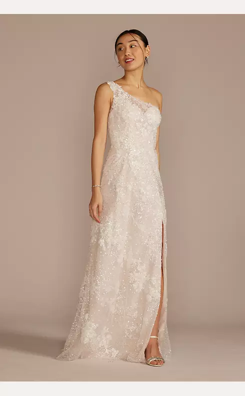 One-Shoulder Beaded Wedding Dress with Overskirt Image 3