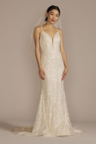 Spaghetti Strap A-line Sparkle Wedding Dress With Tulle Skirt