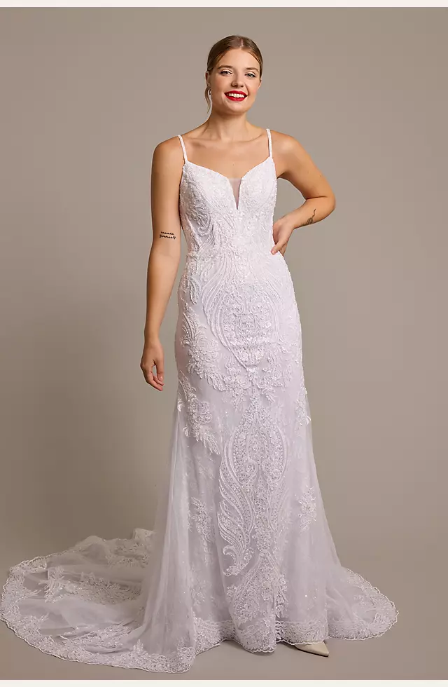 Strappy Allover Beaded Lace Sheath Wedding Dress