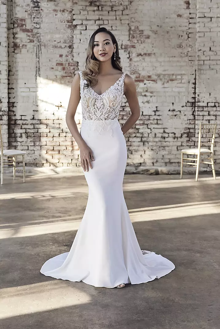Illusion Lace Bodice Crepe Tank Wedding Dress | David's Bridal Illusion Lace Bodice Crepe Tank Wedding Dress | David's Bridal
