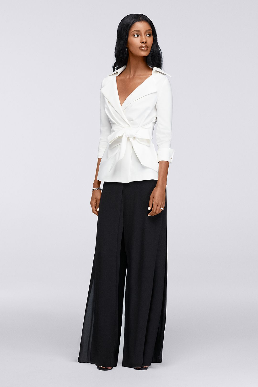Two-Piece Wrap Blouse with Wide-Leg Pants Image 1