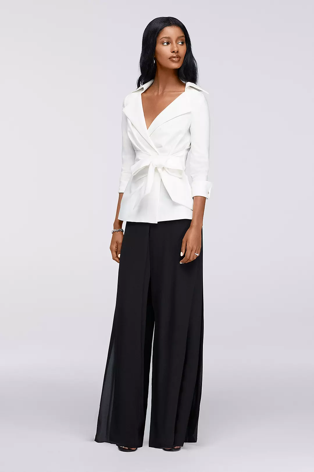Two-Piece Wrap Blouse with Wide-Leg Pants Image