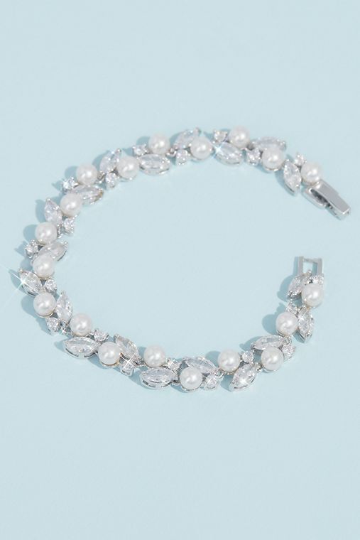 David's Bridal Pearl and Cubic Zirconia Crystal Leaves Bracelet