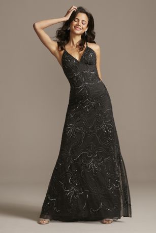 embellished neck chiffon overlay dress