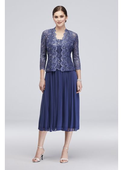 Sequin Lace Tea-Length Dress and Matching Jacket | David's Bridal