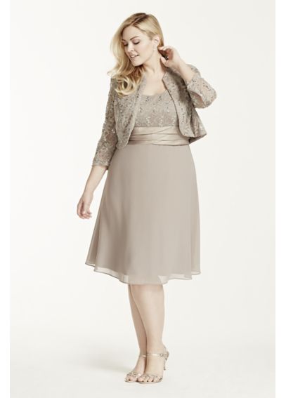 3/4 Sleeve Lace Jacket Dress with Chiffon Skirt - Davids Bridal