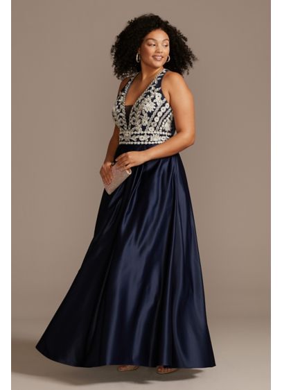 Embellished Satin Plus Size Gown with Open Back