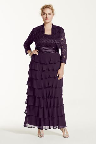 RM Richards 3/4 Sleeve Lace Jacket Dress With Tiered Skirt in Eggplant Size: 18W David's Bridal