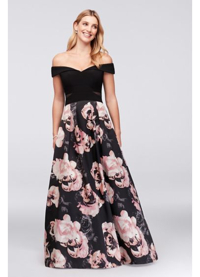 Off the Shoulder Floral Jersey and Satin Ball Gown David Off the Shoulder Floral Jersey and Satin Ball Gown David