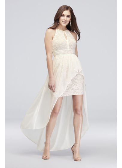 Lace Glitter Keyhole Halter Dress with Overskirt David s Lace Glitter Keyhole Halter Dress with Overskirt David s