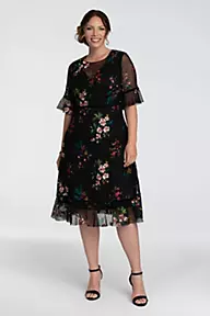 Kiyonna Wildflower Embroidered A-Line Velvet-Trimmed Dress