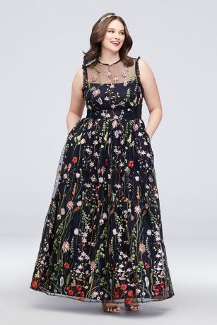 morgan & co embroidered mesh evening dress