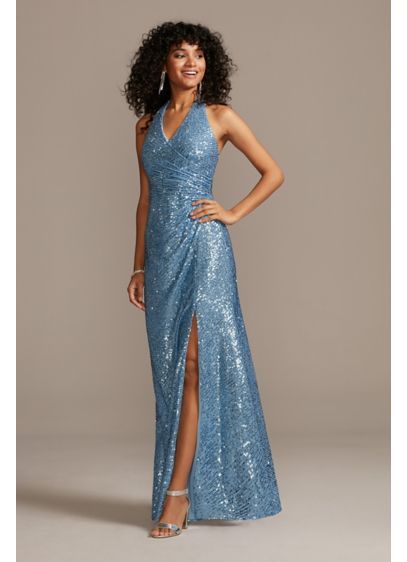 Sequin Halter Dress with Side Ruching and Slit | David's Bridal