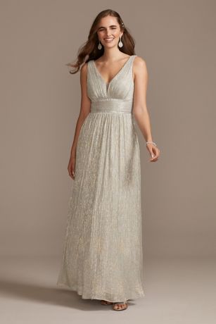 Metallic Foil Plunge Gown With Crystal Waist Bands David S Bridal