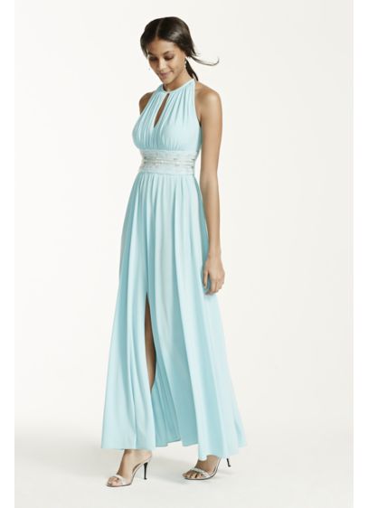 Sleeveless Key Hole Beaded Waist Long Jersey Dress David Sleeveless Key Hole Beaded Waist Long Jersey Dress David