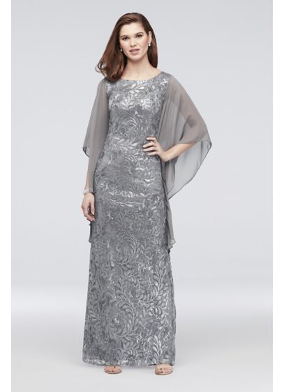 High-Neck Sequin Lace Dress with Cape Sleeves | David's Bridal