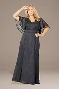 Kiyonna Plus Size Lace Flutter Sleeve Evening Gown