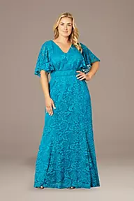 Kiyonna Plus Size Lace Flutter Sleeve Evening Gown