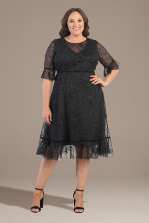 Picture of Plus Size Mesh Illusion Sleeves Tea Length A-Line