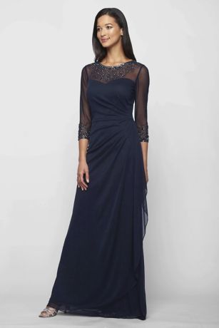 Picture of Ruched Illusion Mesh Sheath Gown with Jeweled Neck