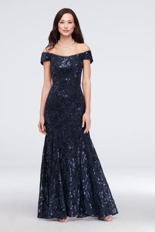 xscape off the shoulder lace gown