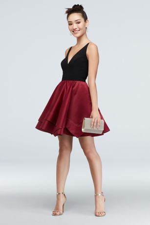 red satin fit and flare dress