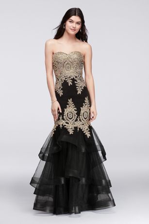 black and gold strapless prom dress