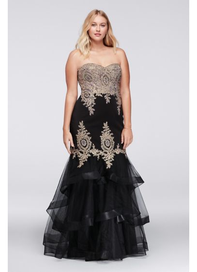 Embroidered Mermaid Plus Size Gown with Tier Skirt David Embroidered Mermaid Plus Size Gown with Tier Skirt David