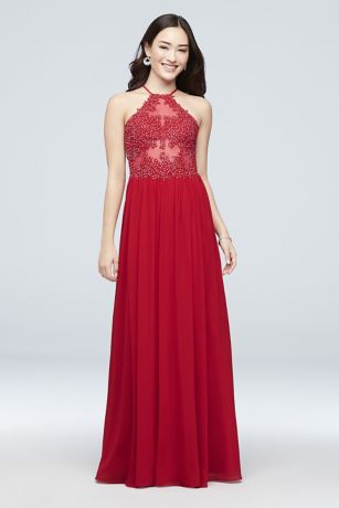 red chiffon halter dress