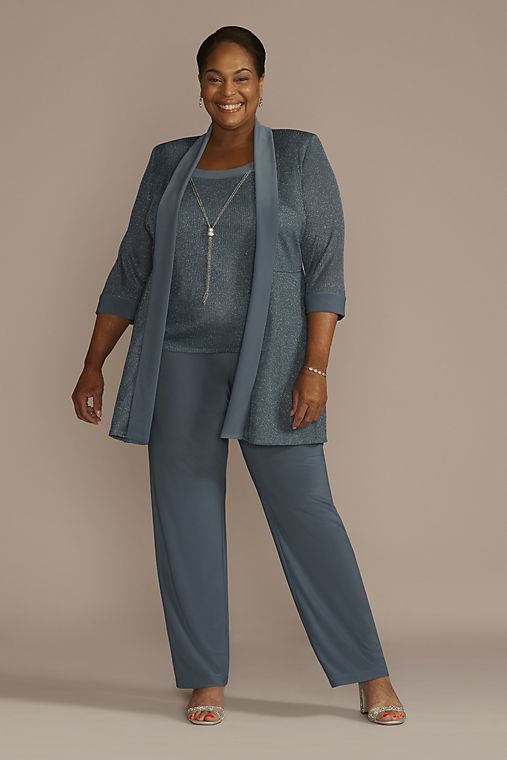 RM Richards Ribbed Metallic Pantsuit with Necklace
