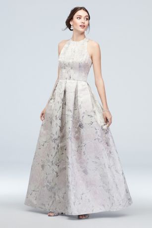 floral jacquard sleeveless ball gown with pockets