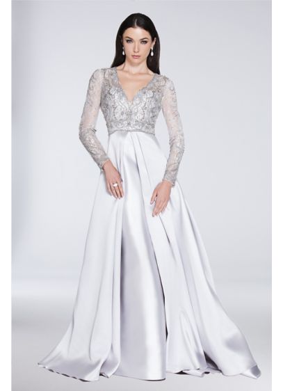 Beaded Long Sleeve V-Neck Ball Gown with Overskirt | David's Bridal