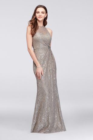Long Halter Dress with Glitter Lace Bodice | David's Bridal