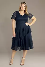 Kiyonna Plus Size Short Sleeve Tiered Lace Midi Dress