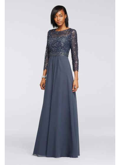 Sequin Lace Long Chiffon Dress with 3/4 Sleeves | David's Bridal