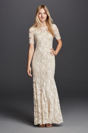 illusion short sleeve long lace sheath