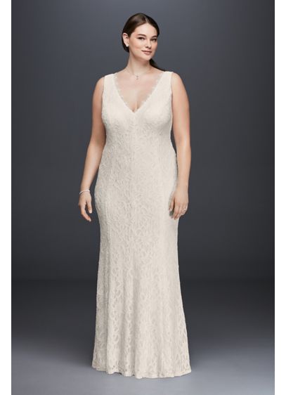 Allover Lace V Neck Plus Size Sheath Wedding Dress David S Bridal