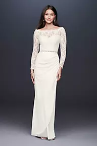DB Studio Off-the-Shoulder Long Sleeve Lace Draped Gown