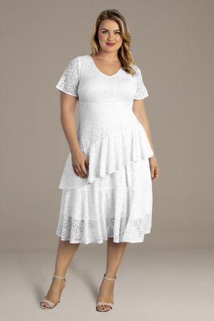 Kiyonna Harmony Tiered Lace Plus Size Short Wedding Dress in Pearl Size: 0X David's Bridal