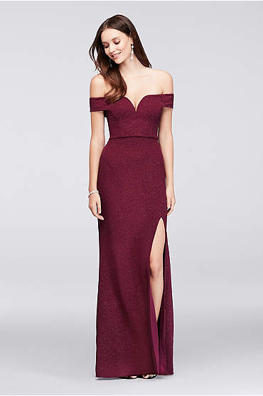 V-Wire Off-The-Shoulder Glitter Knit Gown