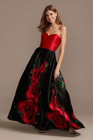 black dress with red roses on it