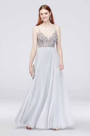 xscape beaded bodice chiffon gown