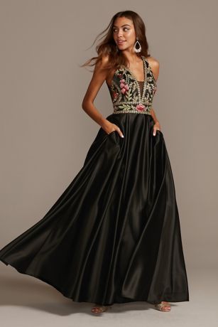 metallic floral embellished evening dress