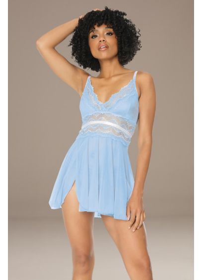 Coquette Chemise Set with Asymmetrical Opening - This chiffon babydoll chemise is detailed with scalloped