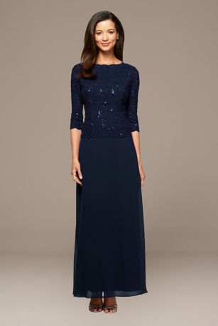 Sequin Lace Boatneck Petite Gown with V 