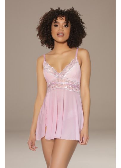 Coquette Lace-Trimmed Swingy Chemise and Thong - Sweet and sexy, this chiffon chemise features an